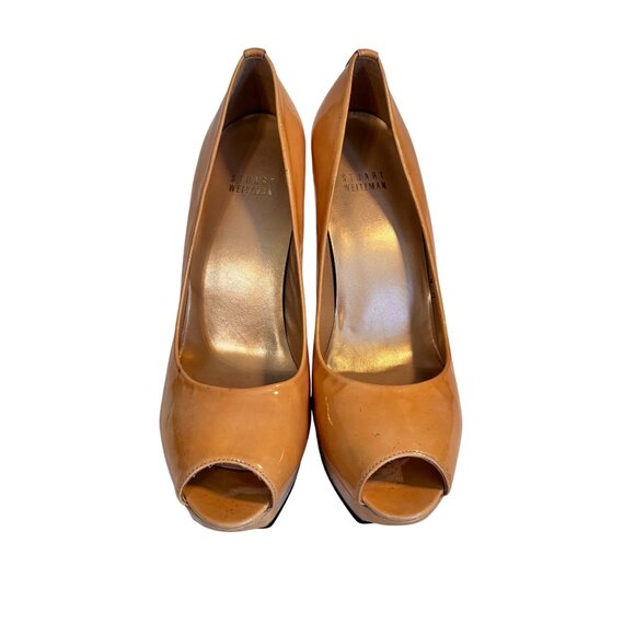 Stuart Weitzman Beige Patent Leather Platform Peep Toe Pumps 4.5" Heel Size 8.5M - Picture 2 of 13